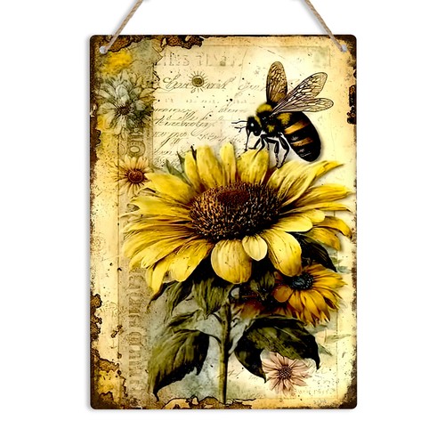 Sunflower and bee metal sign - bee,
